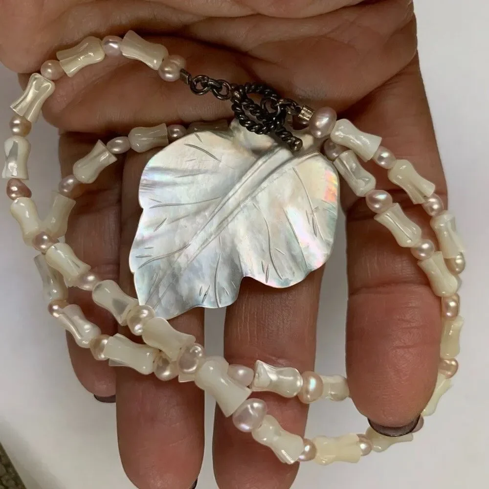 Vintage Artisan Mother of Pearl Leaf Necklace Beaded Toggle Clasp Retro